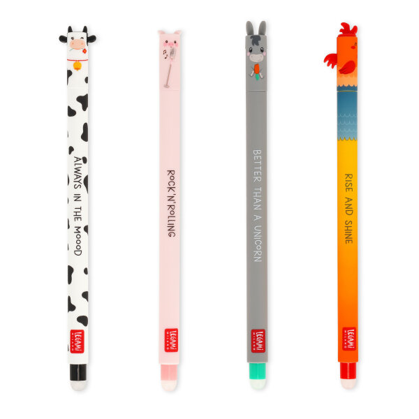 Legami EPSET0016 Farm Sweet Farm-Set mit 4 löschbaren Gel Stiften-Cow + Piggy + Donkey + Rooster-0,7 mm-Black/Pink/Green/Red Ink